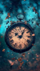 Digital painting of decaying pocket watch in autumn vortex.