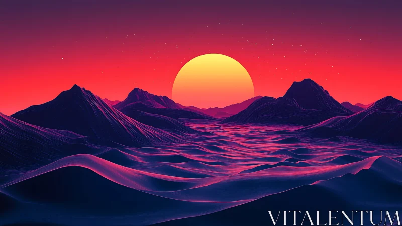 Neon gradient sunset over stylized low-poly sci fi dunes