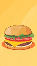 Illustrated cheeseburger is centered on a flat yellow background