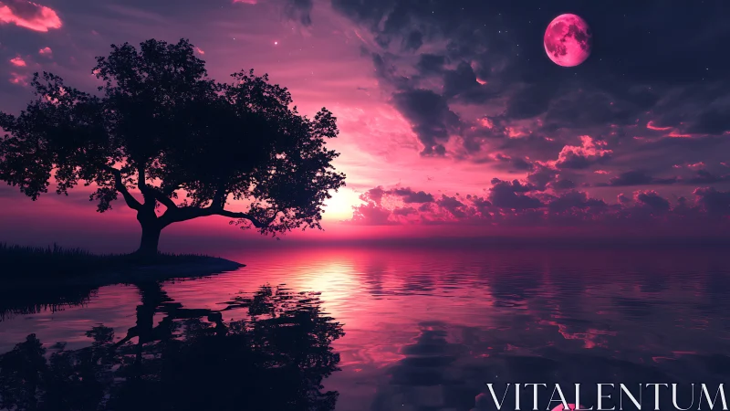 Moonlit pink horizon welcomes a quiet dreamers shoreline