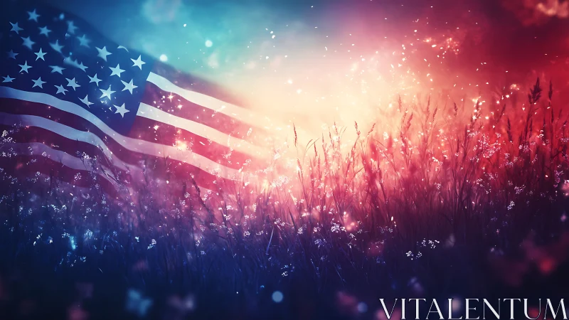 United States flag over glowing red and blue grass field