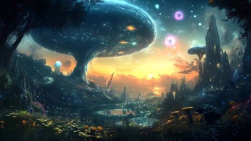 Alien forest landscape shows glowing sky and giant tree