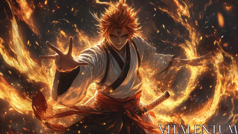 Fire-wreathed swordsman channels explosive elemental energy in battle