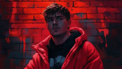 Male figure in red jacket against painted brick wall.