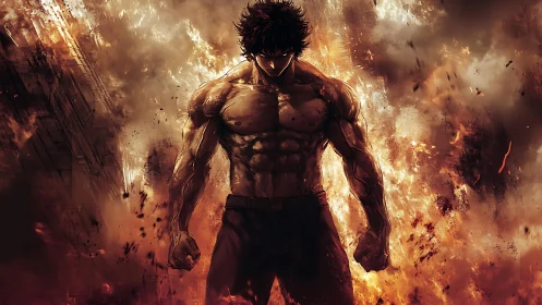 Muscular anime warrior emerges from roaring inferno.