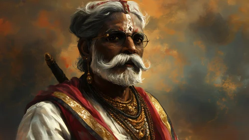 Elderly warrior in ornate attire stands against cloudy sky