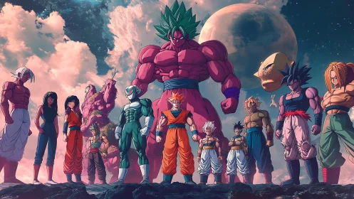 Anime ensemble under cosmic skies in panoramic composition.