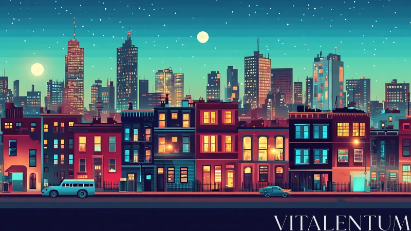 Colorful city block glows under a starry urban night sky.