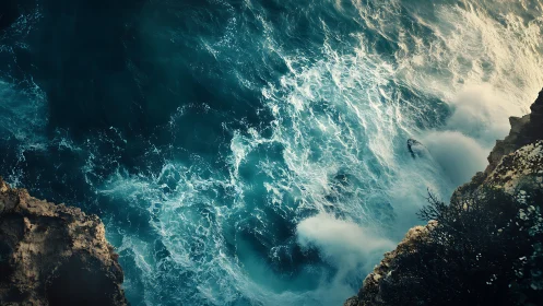 Cliff-edge surf roars beneath swirling teal ocean light.