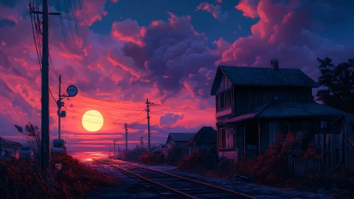 Soft sunset glow over quiet railway homes and dusky sky.
