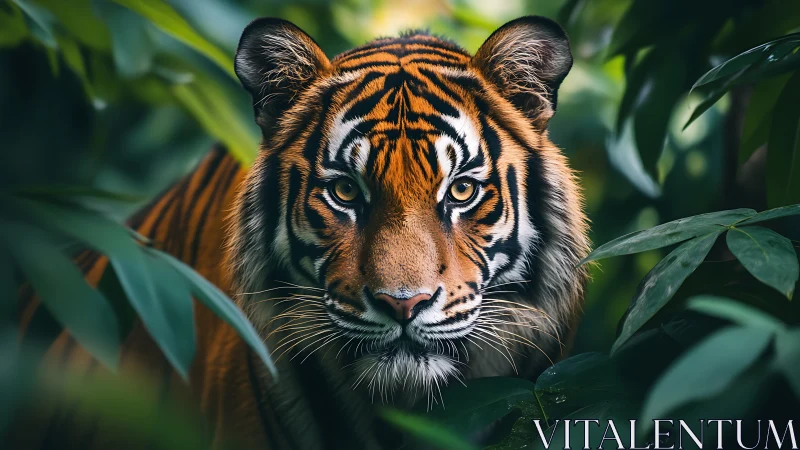 Photorealistic tiger portrait framed by dense jungle foliage