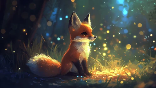 Young fox glows softly amid enchanted forest fireflies