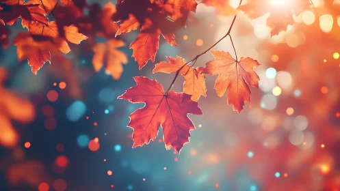 Glowing autumn maple leaves drift softly in warm evening light