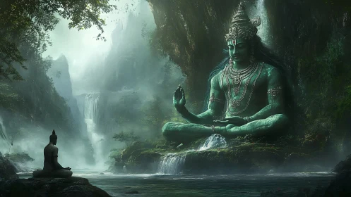 Mystic river meditation with serene emerald forest deity.