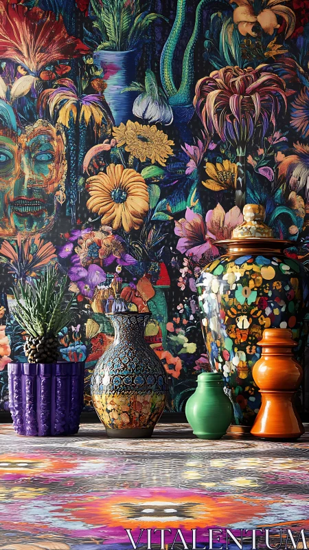 Colorful vases against dense psychedelic floral mural.