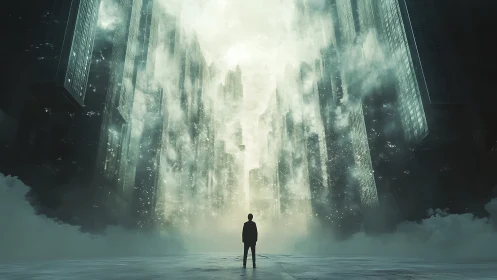 Solitary dreamer watches a mist-lit city unbuild the sky