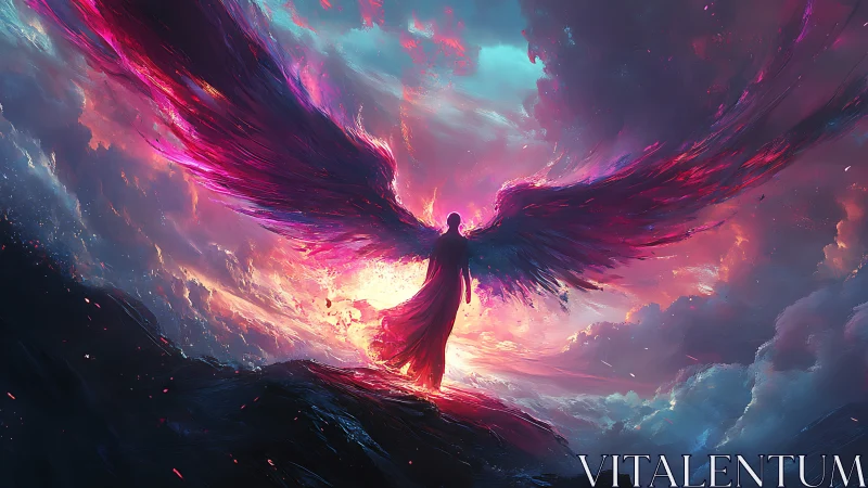 Luminous winged guardian rising through stormlit skies.