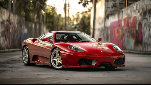 Red Italian supercar poised in sunlit urban alleyway.