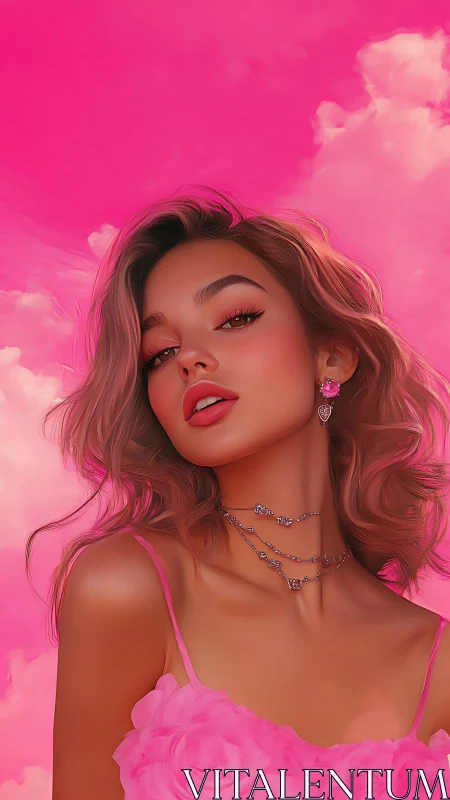 Glamorous pink portrait captures confident modern beauty.