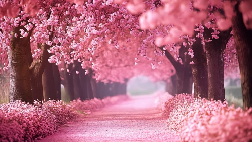 Cherry blossom tree tunnel over pink flower covered path.