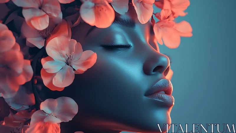 Digital portrait shows serene face framed by glowing flowers