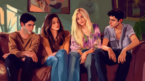 Friends share a quiet, heartfelt moment on a cozy sofa.