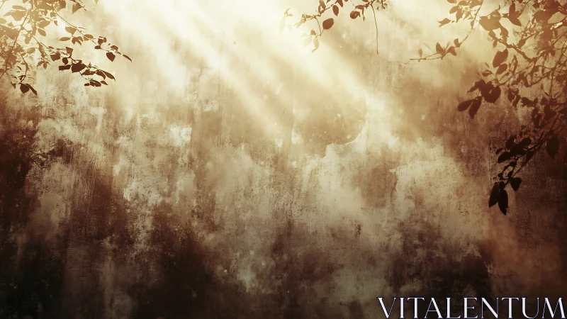 Sunlight falls on aged textured wall framed by leaves