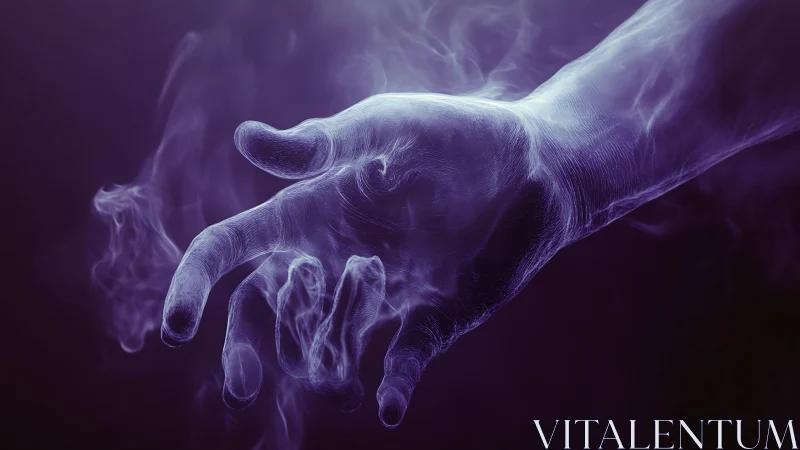 Ghostly violet hand drifting through soft swirling smoke.