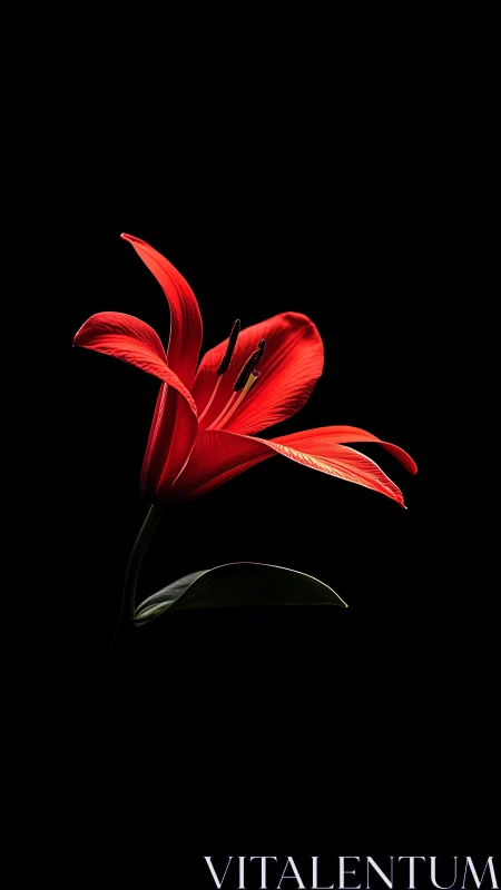 Glowing Red Lily Unfolds Against Midnight Black Backdrop