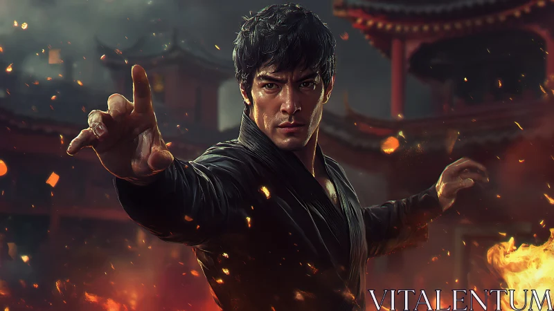 Martial artist strikes amid fiery temple chaos at dusk.