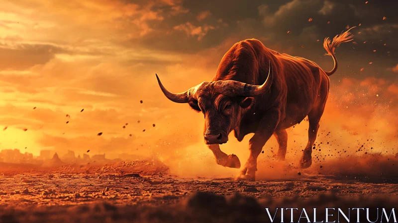 Charging bull on dusty plain under orange sunset sky.