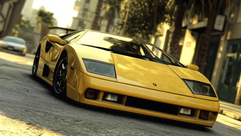 Sunlit yellow supercar cruising through a lively city street.