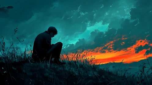 Solitary figure silhouetted against cyan and ember sunset sky.