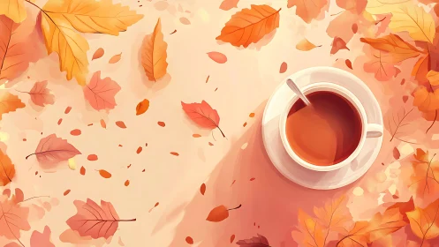 Autumn leaves encircle a sunlit cup of tea in soft digital art