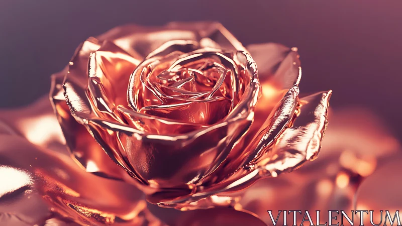 Macro close-up of polished metallic rose in warm bokeh light
