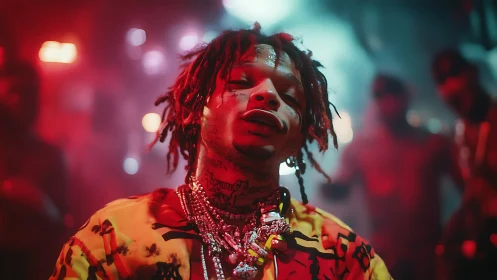 Tattooed rapper glows under neon club lights in bold portrait