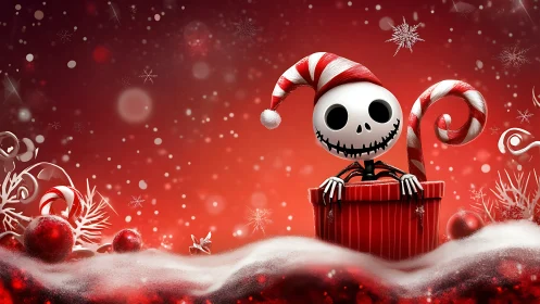 Skeleton character wearing striped hat emerges from gift box