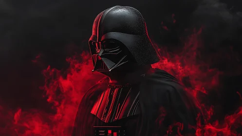 Helmeted sci-fi figure in red smoke against dark backdrop.