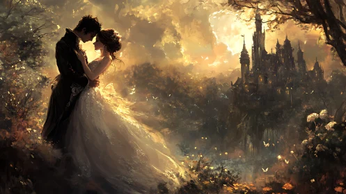Enchanted embrace beneath ancient spires glowing gold.