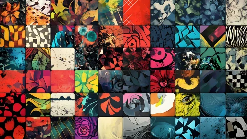 Color-saturated abstract tile collage pulses with bold motion.