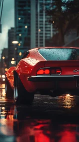 Rain-soaked classic sports car with bokeh city lights and wet reflections