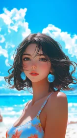 Sunlit beach muse in turquoise earrings and wind-swept waves.