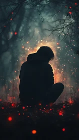 Silhouetted figure kneels in ember-lit night forest glow
