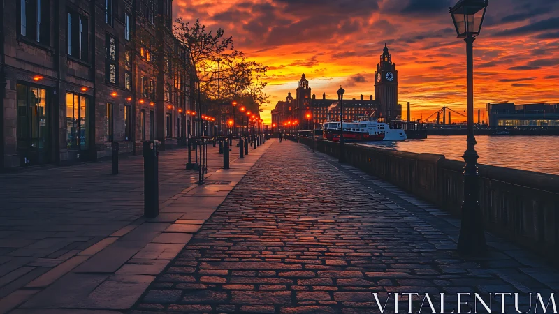 Waterfront promenade at sunset with city clock towers.