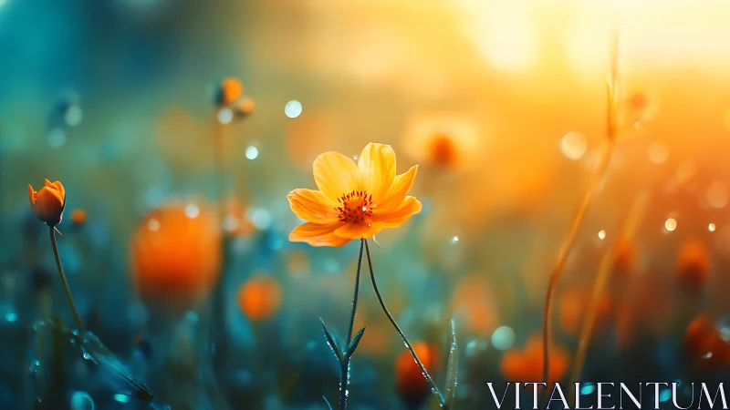 Yellow flowers in field with selective focus and bokeh.