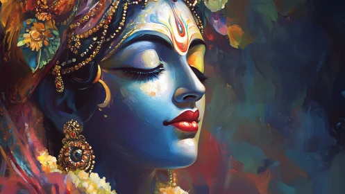 Profile view of blue-faced figure with ornate adornments.