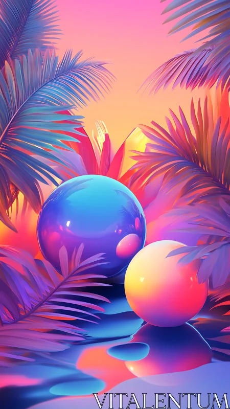 Neon tropical spheres in glossy sunset oasis dreamscape.
