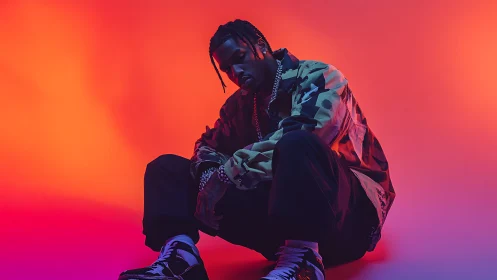 Streetwear artist sits in neon orange and violet glow.