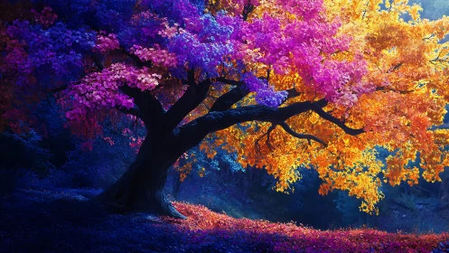 Prismatic dreamtree blazing under a twilight forest hush.