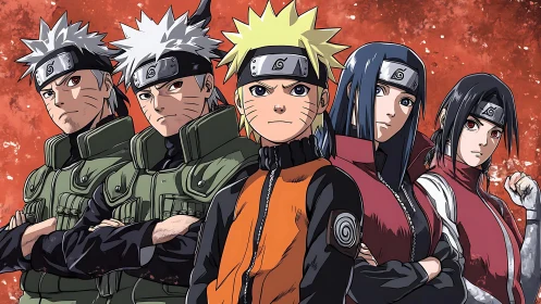 Five determined ninja stand united against red backdrop.